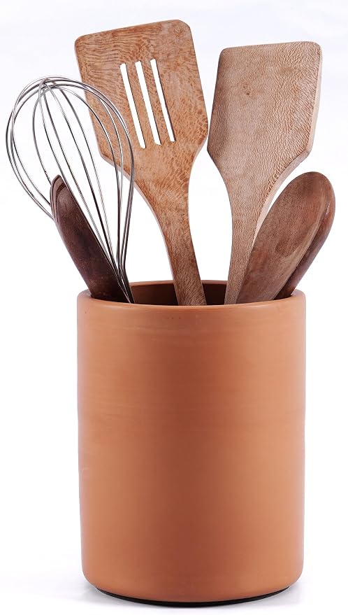 Terracotta Kitchen Utensil Holder 6.5 Inch Handmade Natural Clay Utensil Crock for Countertop, Spatula, Spoon & Cutlery Organizer, Farmhouse Kitchen Decor & Storage Container