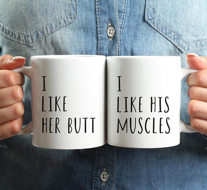 Andaz Press 11oz. Ceramic Ceramic Valentines Day Coffee Mugs Wedding Anniversary Couples Gift Set, I Like Her Butt, I Like His Muscles, 2-Pack, Anniversary His Hers Girlfriend Gym Boyfriend Cups