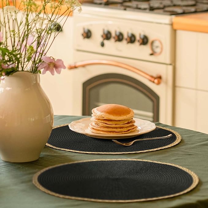 Noctiflorous Braided Round Placemats Set of 8, 15 Inch Woven Table Mats, Non-Slip Washable Thin Edge Place Mats for Kitchen Dining Table Decor (Black, 8)