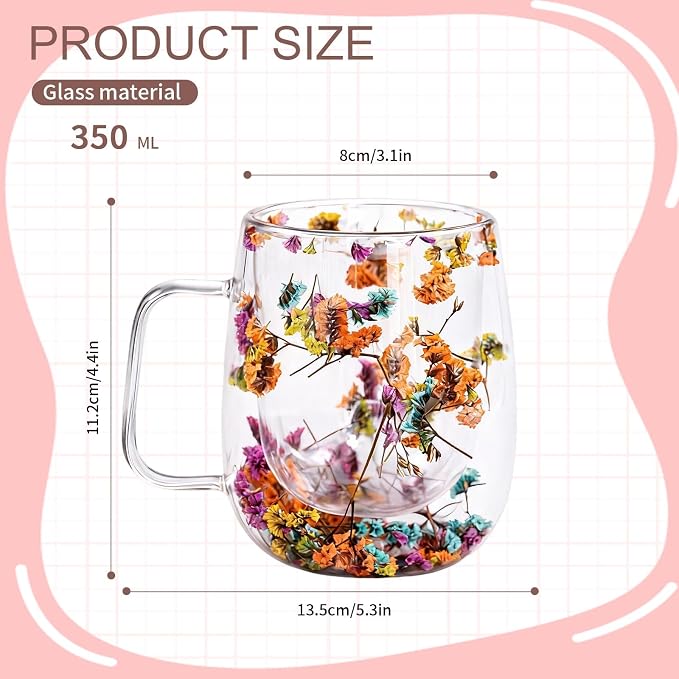 Double Wall Glass Coffee Mugs, Cute Clear Flower Cups with Handle, Unique Double Insulated Glass Cup for Cappuccino Tea Espresso Latte Hot Beverages, Birthday Gifts for Mother Women (12oz)
