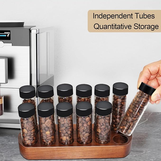 Single Dose Coffee Bean Storage Tubes - 12pcs Coffee Beans Container,Coffee Vials dosing container,glass espresso container with Wood Display Stand and Funnel (Type 1)