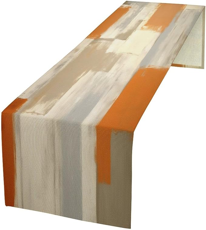 Orange Grey Table Runner Modern Abstract Art Vintage Brown Beige Burlap Table Dinner Runner for Farmhouse Cabin Coffee Kitchen Dining Holiday Party Home Decoration 13x90in