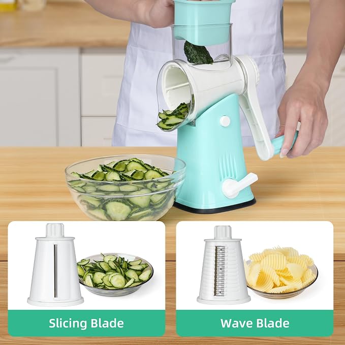 5 in 1 Rotary Cheese Grater, Manual Hand Crank Cheese Grater With Reinforced Suction & 5 Interchangeable Blades, Multifunctional Cheese Shredder, Easy to Use and Clean, Blue