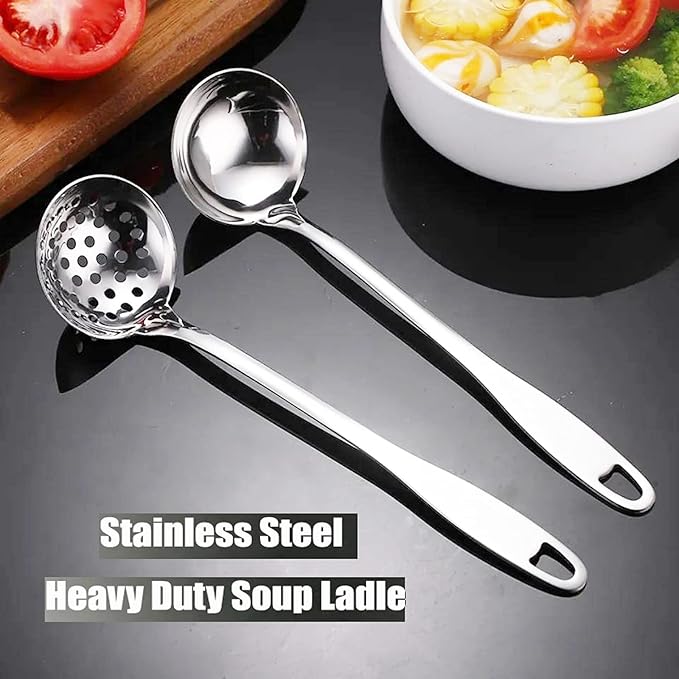Soup Spoon Stainless Steel Heavy Duty Big Soup Ladle Colander Serving Spoon with Attractive Mirror Finish, Perfect for Hotpot Stirring, Serving Soup, Deep Wide Enough 2PCS (Soup Spoons - 12")