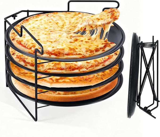 JIAWANSHUN Folding Pizza Rack Stand 4-Layer Stainless Steel with 12-Inch Non-Stick Pan,Oven-Safe Baking & Cooling Holder for Home Kitchens,Pizza Shops,Commercial Restaurants