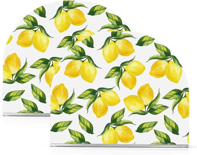Yellow Lemon and Green Leaves on White Napkin Holder for Tables Paper Cocktail Napkin Holders for Kitchen and Dinning, Acrylic Dinner Napkin Dispenser for Restaurant Home Decor Bar Accessories 2 Pack