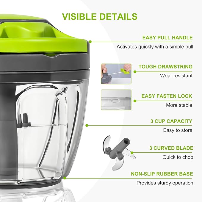 Manual Food Processor Vegetable Chopper, Portable Hand Pull String Garlic Mincer Onion Cutter for Veggies, Ginger, Fruits, Nuts, Herbs, etc., 650ml-Gray