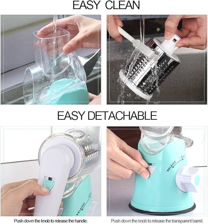 Ourokhome Rotary Cheese Grater Hand Crank, Kitchen Shredder Speed Mandolin Slicer Nut Grinder with Handle and Drum Blades for Cheese, Vegetable, Walnut, Chocolate, Potato, Carrot, 3 Blades, Blue