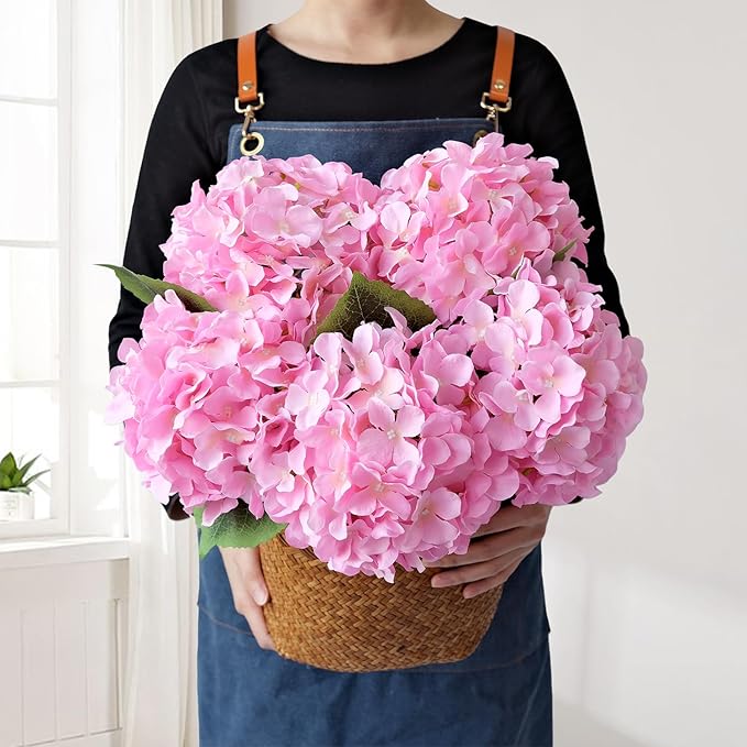 JINWOE 5pcs Pink Silk Hydrangea Fake Flowers, 20Inch Large Lifelike Artificial Flowers Bouquets Faux Hydrangea Stems for Home Wedding Party Table Core Indoor Home Decoration