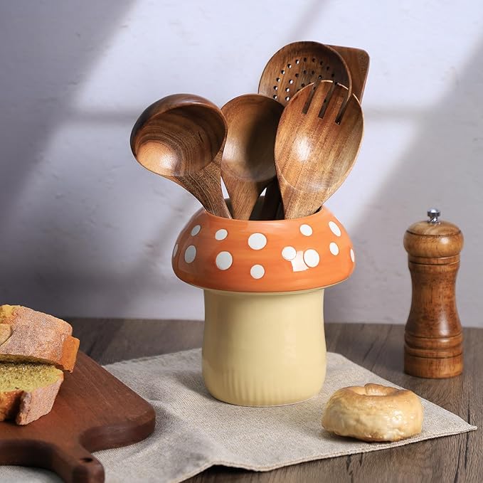 Mushroom Shaped Ceramic Kitchen Utensil Holder, Large Cooking Utensil Crocks for Kitchen Countertop, Ceramic Utensil Organizer for Spatula, Kitchen, Home Decoration-Brown