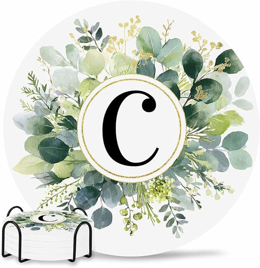 Coasters Set of 4 Letter C Drink Coasters with Holder Absorbent Stone Ceramic Cup Mat Alphabet Green Eucalyptus Leaves Coaster for Drinks Coffee Bar Office Kitchen Cafe Home Decor