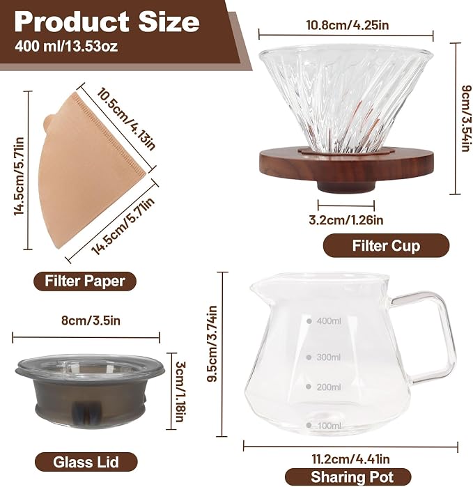 Pour Over Coffee Maker 13.5oz Portable Glass Coffee Maker High Borosilicate Glass Eagle Beak Spout Design with 50 Pcs Filter Paper Walnut Wood Base for Pour Over for Daily Brewing 400ml