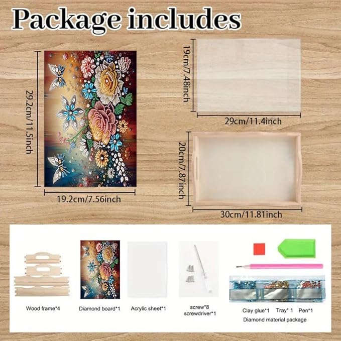 DIY Diamond Serving Tray Diamond Art Painting Creative Design Handmade Wooden Tray Dinner Plate for Coffee Breakfast Home Organizer-Butterfly Flower01