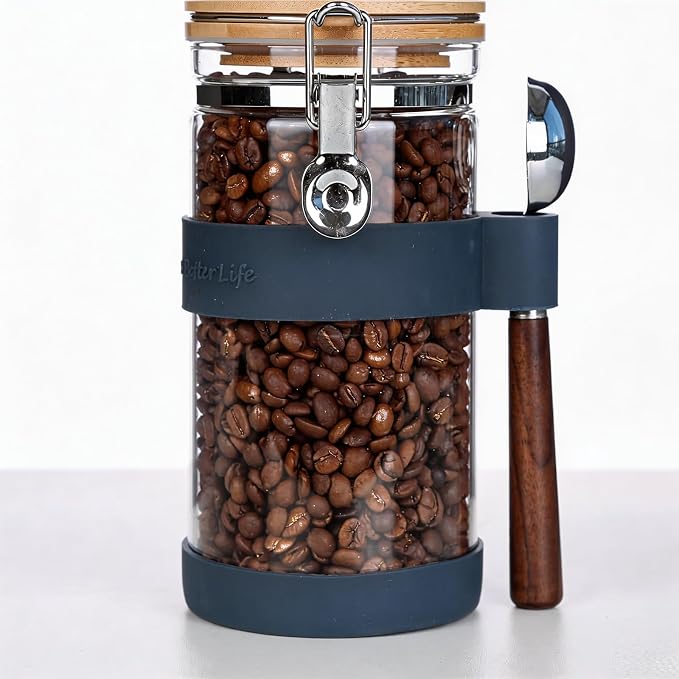 KKC 40oz Airtight Glass Coffee Canister with Bamboo Lid & Scoop - Clear Bean Storage Jar for Ground or Whole Beans, Preserves Freshness - Modern Coffee Bar Accessory