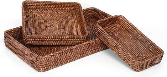 Rattan Tray Set of 3, Rectangular Woven Tray, Wicker Decorative Serving Tray, CoffeeTabletop Vanity Organizer, Bathroom Kitchen Counter, (S 4.3 x 8.3), (M 8.3 x 8.3), (L14.6 × 9.1) (Dark Brown)