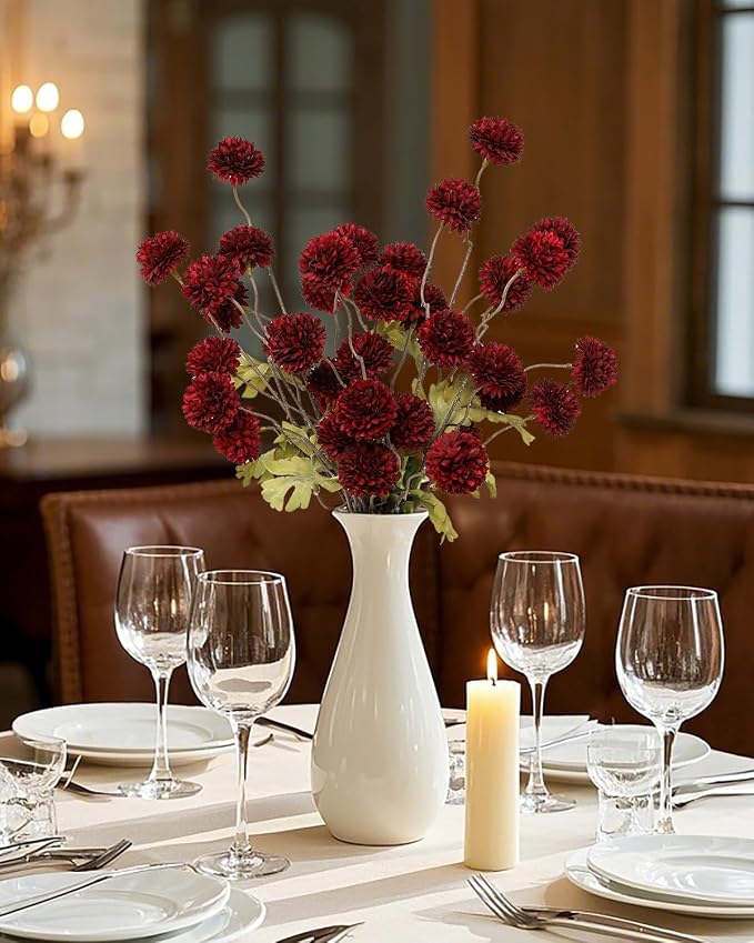 DuHouse 6pcs Artificial Flowers Faux Silk Pompon Mum,Silk Small Mini Chrysanthemum Ball with Stems for DIY Wedding Bouquets Centerpieces Vase Home Table Kitchen Decorations(Burgundy)