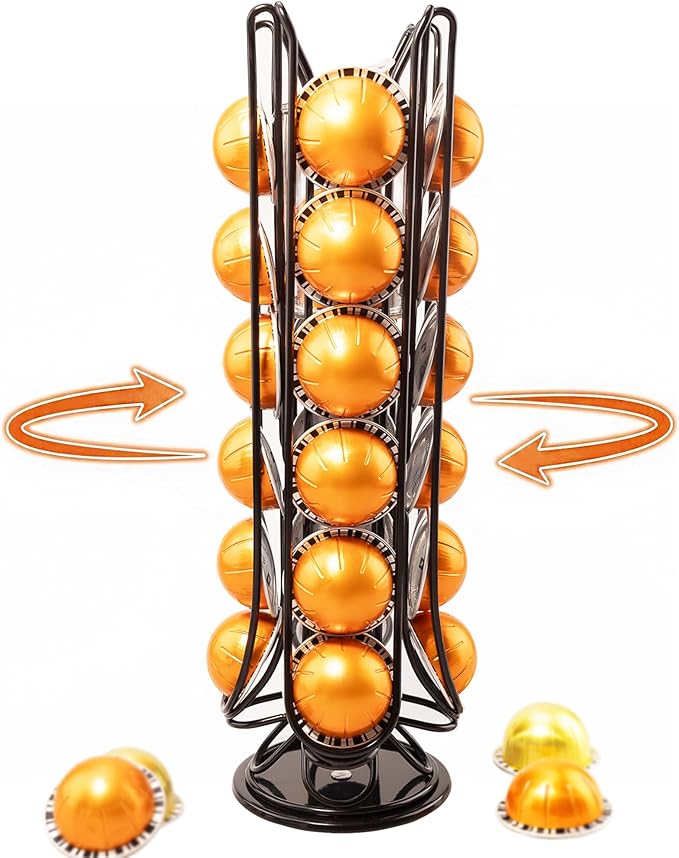 28 Vertuo Pods Holder Compatible with Nespresso Vertuo Pod Holder Organizer VertuoLine Capsules Vertical Coffee Pod Storage for Small Spaces Metal Rack with 360° Rotating Non-Slip Base