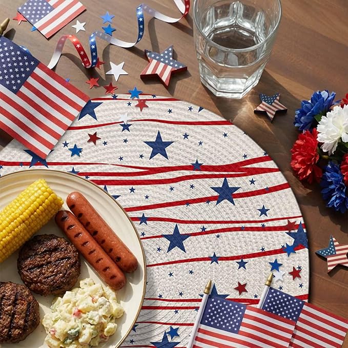 4th of July Round Placemats Set of 4 Patriotic Stars Place Mats Independence Day Woven Placemat Freedom Red Stripes Circle Braided Table Mat for Kitchen Dining Table Holiday Party Decor 15 Inch