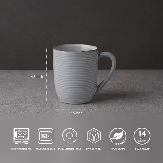 famiware Tempus Coffee Mugs Set of 4, 14 oz Coffee Cup Set, Stoneware Mugs with Handle for Coffee, Tea, Cocoa, Milk, Cappuccino, Microwave Safe - Pearl Blue