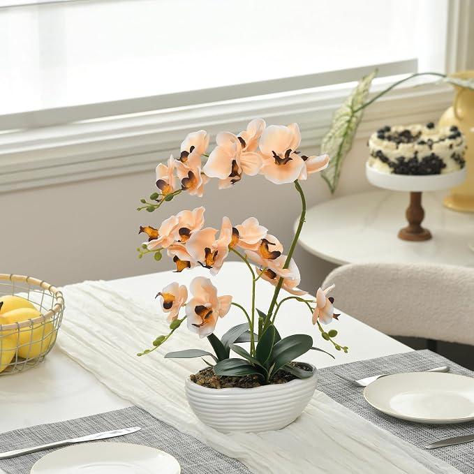 19" H Phalaenopsis Faux Orchid Plant Silk Orchid Centerpiece Artificial Floral Arrangement in Ceramic Pot (Champagne)