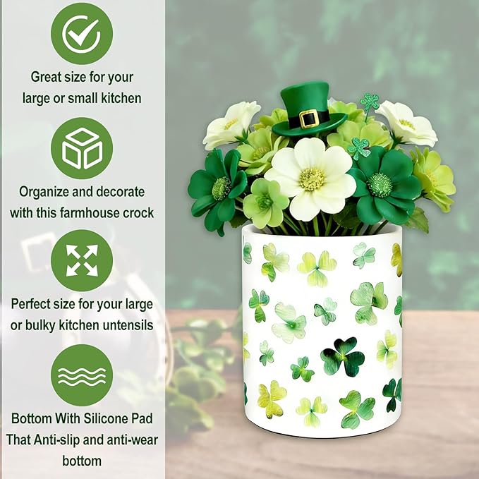 JarThenaAMCS St. Patrick's Day Ceramic Kicthen Utensil Holder Watercolor Green Shamrock Clover Utensil Crock for Irish Holiday Home Countertop Storage Organizer Container
