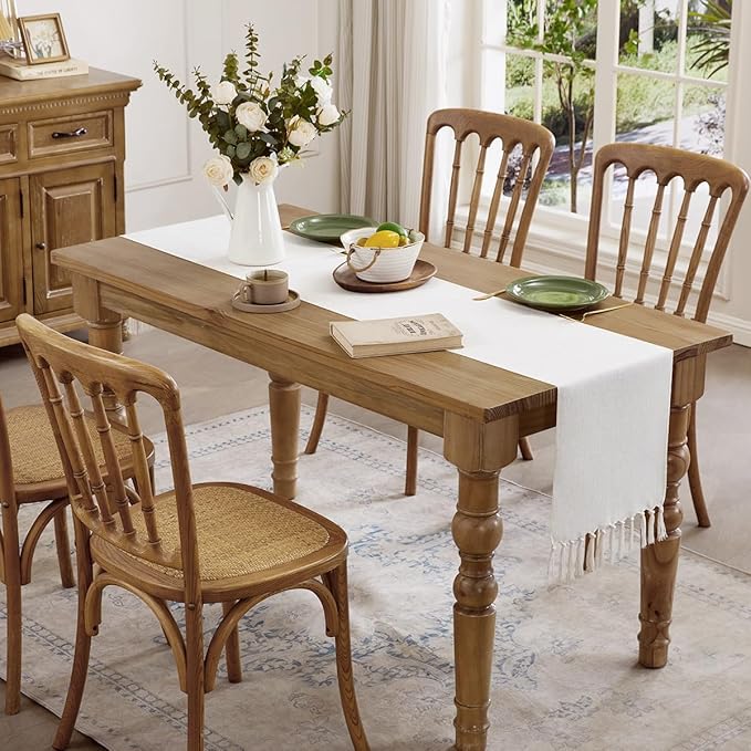 Linen Style Rustic Table Runner, Farmhouse Cotton Linen Table Runner, Boho Table Runners 72 Inches Long with Hand Tassels for Home Tabletop Decor and Everyday Use - Off White, 72 Inch