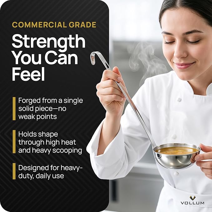 Vollum Metal Ladle Stainless Steel – Heavy Duty One-Piece Large Soup Ladle with Long Handle for Gravy, Stew, Sauce – Kitchen Utensils for Cooking - 6 Ounce (3.6" Bowl Diameter, 12.1" Handle Length)