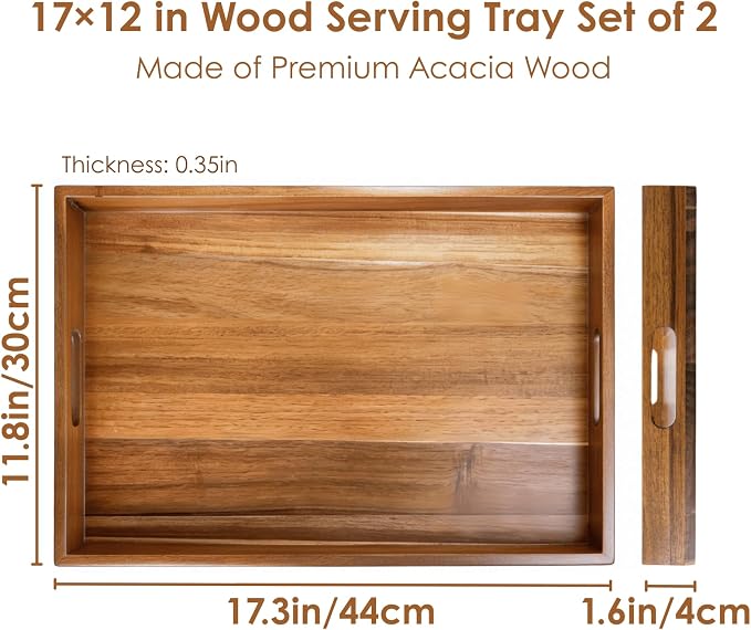 YOUEON 2 Pack 17 x 12 Inch Acacia Wood Serving Tray with Handles, Large Wooden Tray for Ottoman, Breakfast in Bed, Dinner, Coffee Table, Perfect for Living Room, Bedroom & Kitchen