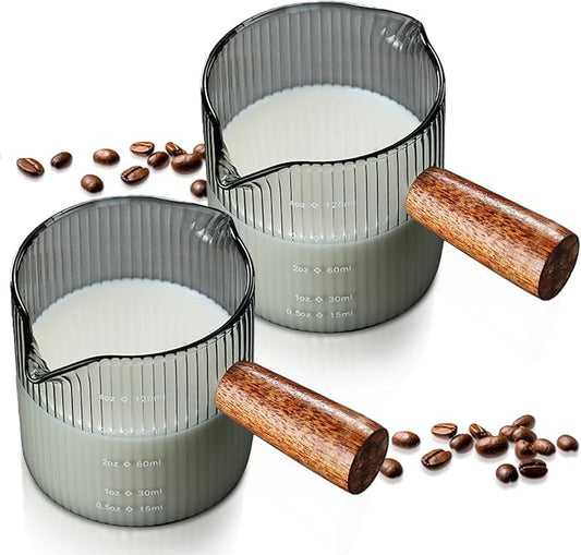 2 Pcs Double Spouts Measuring Espresso Cups Shot Glasses with Wood Handle 4 oz Dual Scale V-shaped Mouth Measuring Glasses Demitasse Cups Ribbed Milk Frothing Pitcher for Coffee Bar