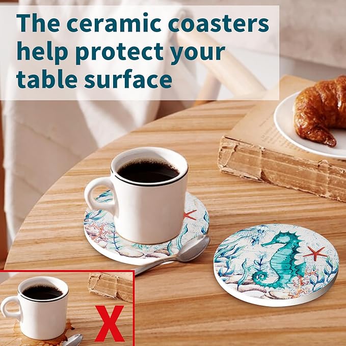 Coasters for Drinks with Holder Set of 6 Ceramic Absorbing Stone Sea Ocean Life Cork Base Coastal Decor Beach Theme Tropical Table Coaster for Coffee Cocktail Beverage Wine Beer Cup Mug