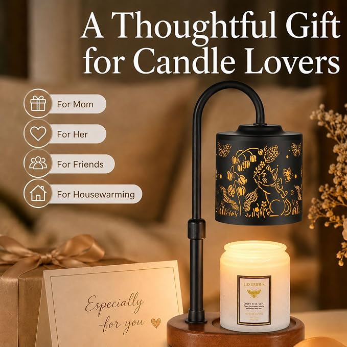 Dimmable Candle Warmer Lamp with Timer Adjustable Height for Scented Jar Candles Electric Candle Wax Melt Warmer for Home Decor Christmas Birthday Gifts for Women Mom(Butterfly+Cat)