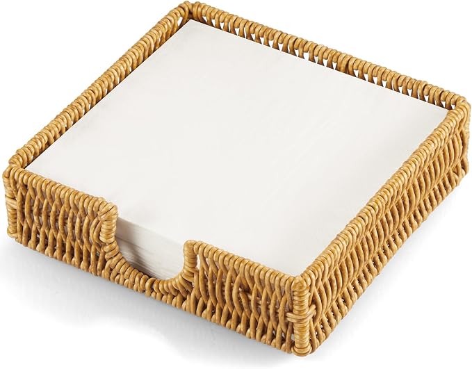 Napkin Holder for Table, Woven Wicker Synthetic Rattan Napkin Holders For Paper Napkins, Napkin Holders for Kitchen Dinner Table Boho Decor and Accessories, Square Napkin Basket and Serving Tray