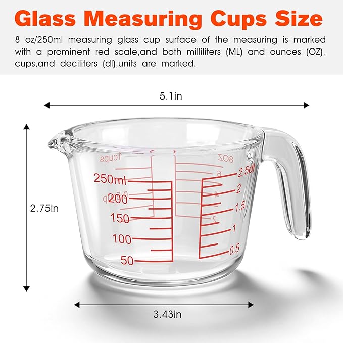 1 Cup Glass Measuring Cups,Clear Borosilicate Glass Liquid Measuring Cup for Kitchen & Baking Microwave Oven Dishwasher Safe Measuring Cups,8 oz/250ml Glass Measuring Cup
