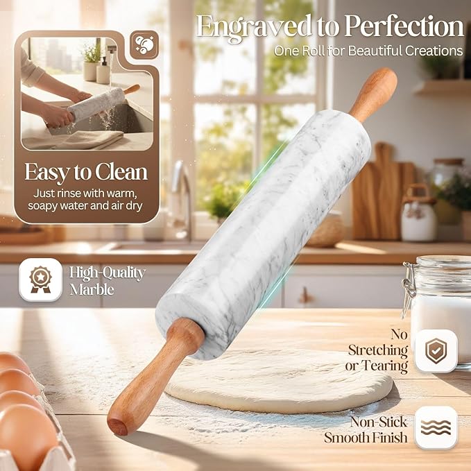 Flexzion Marble Rolling Pin Heavy Nonstick Stone Dough Roller - 10 Inch Polished Barrel with Wooden Handles & Cradle Stand for Baking Pastry Bread Pizza Cookies Pie Crust Pasta Tortillas (White)
