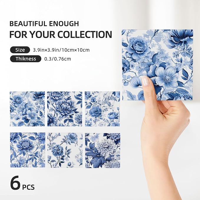 Coaster for Drinks Set of 6, Blue Vintage Spanish Ceramic Floral Absorbent Round Ceramic Stone Mat, with Cork Base and Metal Holder, Gift for Housewarming Room Bar Decor (Vintage Blue Floral-7)