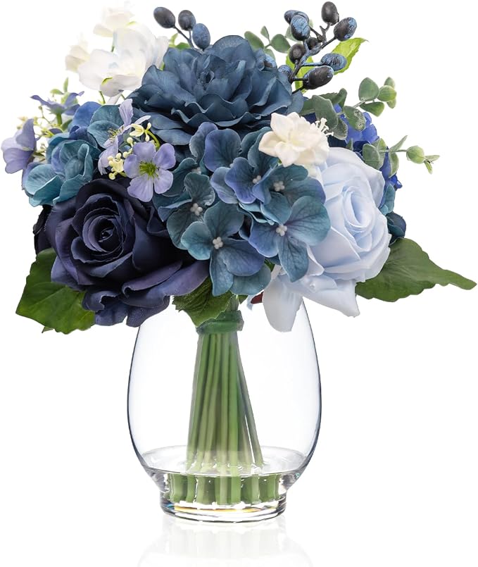 WELL KNOWN Fake Flowers in Vase with Fake Water, Artificial Flowers Indoor Arrangements, Faux Silk Blue Berry Rose Hydrangea Dining Table Centerpiece for Home Wedding Party Decor & Gift (Navy Blue)
