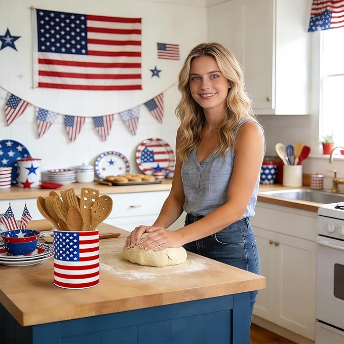 Whaline Patriotic Ceramic Utensil Holder 4th of July American Flag Utensil Crock for Independence Day 250th Anniversary Home Kitchen Countertop Storage Organizer Container