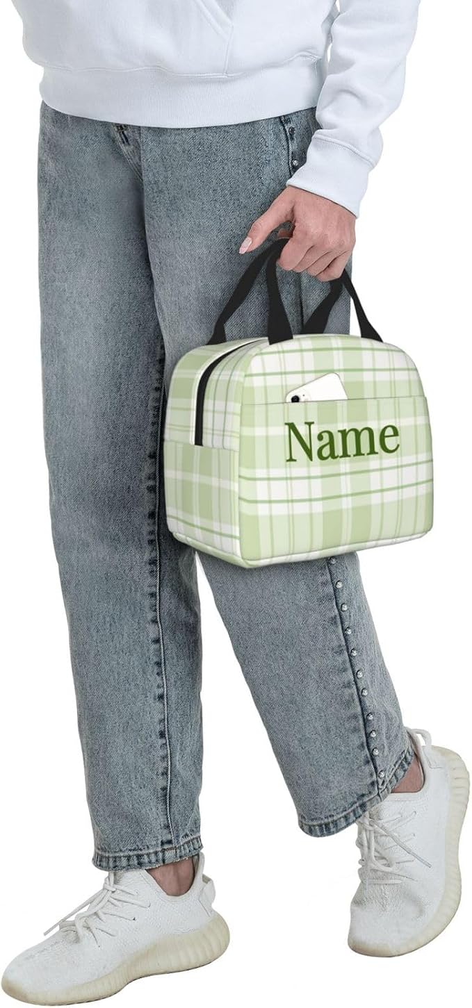 Custom Lunch Bag Pastel Green Buffalo Check Plaid Personalized Insulated Lunch Box with Name Reusable Cooler Tote for Adults Student Girl Boy Work Office School Picnic Over 3 Years Old