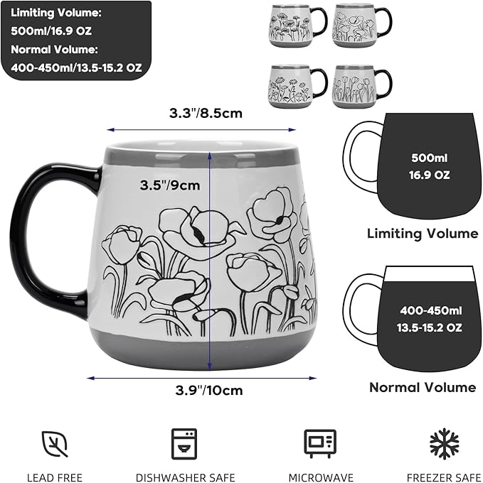 Schliersee 16 OZ Floral Coffee Mugs Set of 4, 16 Ounce Mug, Large Porcelain Mug for Man Woman, Floral Cup for Latte, Tea, Cappuccino, Mocha, Cocoa, Housewarming Wedding Present