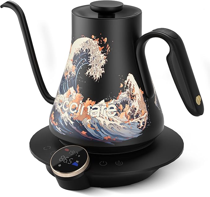 Cocinare Gooseneck Electric Kettle, ±0.5°F Precise Temperature Control, 1500W Fast Heating, Pour-Over Coffee & Tea, Stainless Steel, 0.9L (Artisan Wave Design)