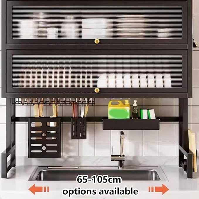Over The Sink Dish Drying Rack, 3-Tier Stainless Steel with Cover & Knife Holder, Space-Saving Drain Rack for Kitchen Sink, Organizer for Dishes, Glasses, Bowls, Cutlery(White,75cm/29.5in)