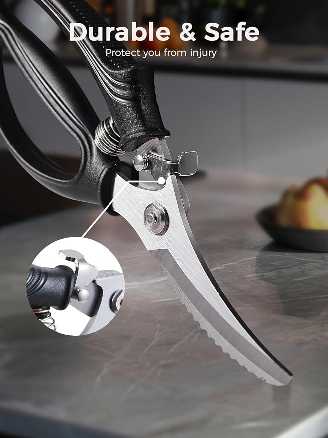 Poultry Shears, Heavy Duty Kitchen Shears With Anti-Slip Handle & Safety Lock, Poultry Scissors for Meat, Chicken, Bone,Turkey, Fish, Spring Loaded, Dishwasher Safe