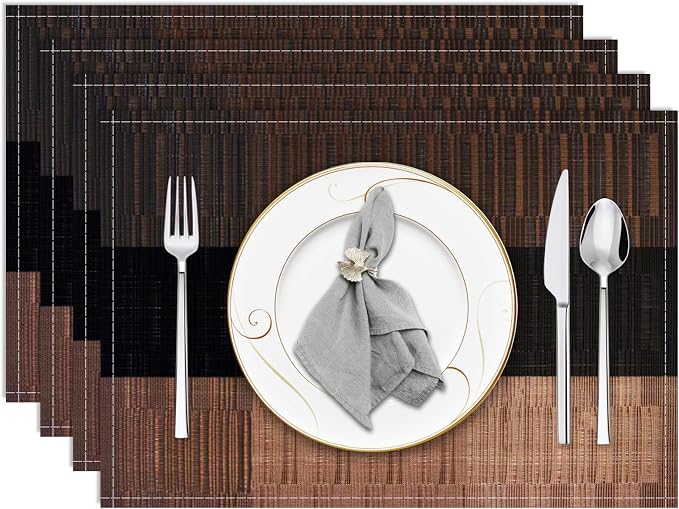 Niviy Brown Placemats Set of 4, 12x18 Inch Washable Easy to Clean Heat-Resistant Anti-Skid Grey Placemats for Holiday Party Kitchen Dining Room Decoration