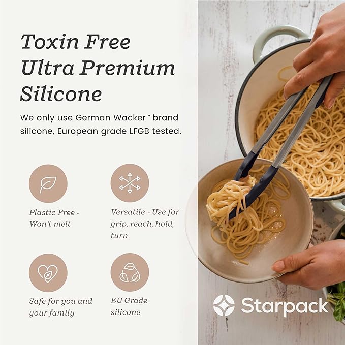 Starpack Get a Grip Silicone Kitchen Tongs (2-Pack, 9" + 12") - LFGB Non Toxic, 600°F Heat Resistant, BPA-Free - Heavy-Duty Stainless Steel, Locking - Dishwasher Safe for Nonstick Cookware Gray Black