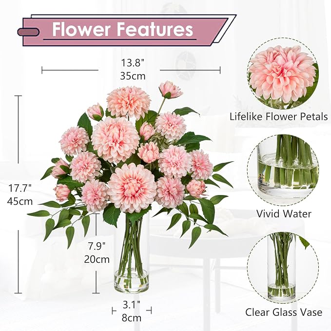 Hollyone Pink Fake Flowers in Vase Dahlia Artificial Flowers in Glass Vase with Faux Water Dahlia Silk Flower Arrangements for Bathroom Office Table Centerpiece Shelf Decorations Home Decor