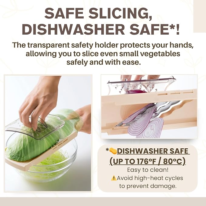 Arnest Japanese Cabbage Slicer Mandoline, 3-Blade Triple Wave Ultra-Thin Shredder for Tonkatsu-Style Slaw, Stainless Steel Wave Blades, Safety Holder, Easy-Rinse Clean, Compact Beige, Made in Japan