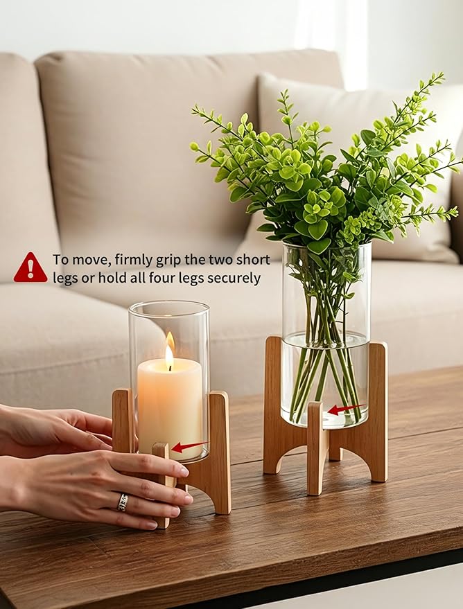 NUPTIO Hurricane Glass Candle Holders: Set of 2 Pillar Candle Holders with Wooden Stands - Mid Century Organic Modern Vases for Dining Table Centerpieces Decor