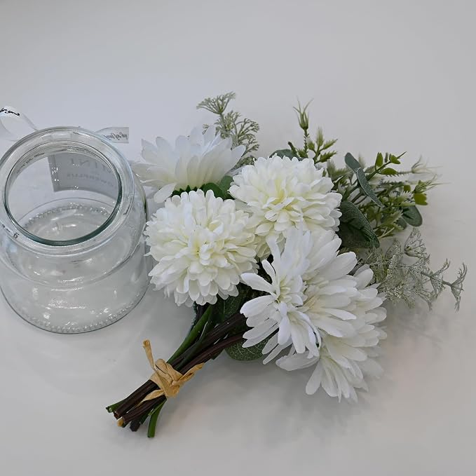 LADADA White Artificial Daisy Flower Set Glass Vase Table Centerpiece Home Decor