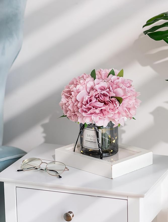 BLOSMON Pink Artificial Flowers in Vase: Fake Hydrangea with Gray Vase LED Light for Table Centerpieces Decor - Small Faux Arrangements Desk Vanity Bathroom Office Decoration (8.2" Height)