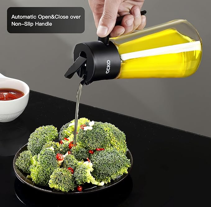 CCKO Glass Olive Oil Dispenser Bottle 19oz Olive Oil Bottle for Kitchen, Auto Flip Drip Free Cooking Oil Dispenser for Soy Sauce, Syrup, Vinegar, Salad Dressing Container (White)